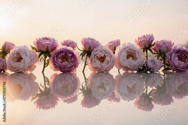 Fototapeta Row of pink flowers are reflected in a mirror
