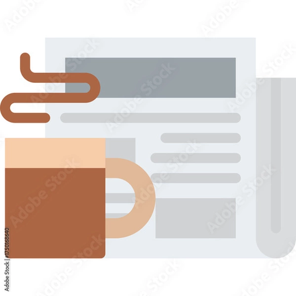 Fototapeta A steaming cup of coffee sits next to a folded newspaper on a transparent background representing a morning news report and beverage