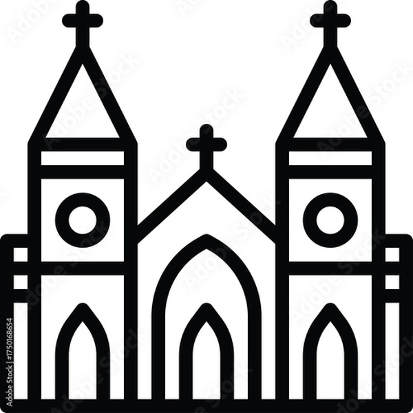 Fototapeta A Stylized Black and White Outline Icon of a Church Building with Two Towers and a Central Steeple on a Transparent Background