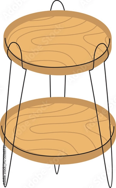 Fototapeta A Two Tiered Wooden Round Shelf Stand With Thin Black Metal Legs On A Transparent Background