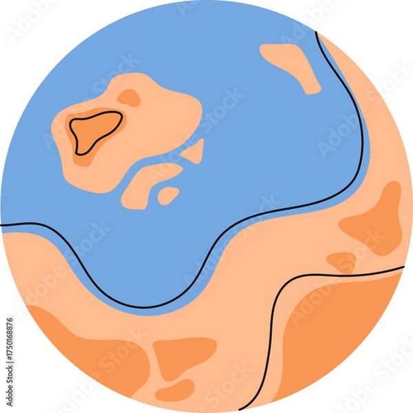 Fototapeta Abstract Digital Art Depicting Mars Surface With Blue And Orange Hues And Black Outlines In A Circular Frame