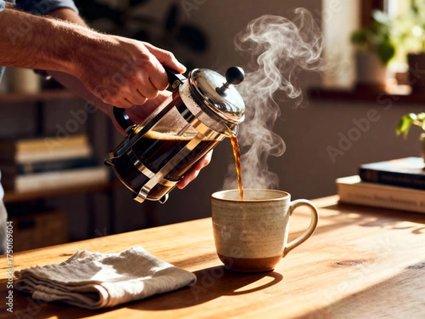 Obraz Close-up of hands pouring hot coffee from a French press into a ceramic cup on a wooden table in warm morning light, with steam rising and cozy home atmosphere