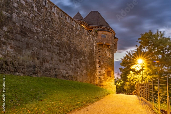 Fototapeta A view of Ljubljana Castle (Ljubljanski grad) on an autumn evening, a magnificent medieval fortress and key city landmark, stands on Castle Hill, dominating the capital's skyline. 