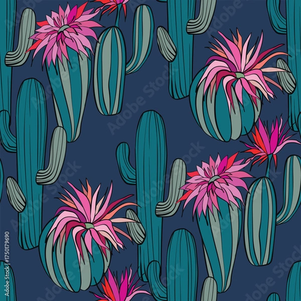 Fototapeta Seamless pattern with cacti, blooming succulent on color background. Vector hand drawn illustration for packaging, fabric, textile. Wild west cactus, western concept.