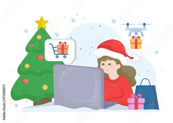 Obraz Online Christmas Shopping Vector Illustration – Woman Buying Gifts on Laptop with Drone Delivery and Christmas Tree
