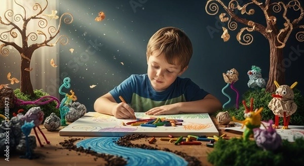 Fototapeta Autistic young boy drawing wondrous world, his creative mind showing intense focus. He crafts a vibrant river scene using colorful crayons, surrounded by imaginative handmade creatures