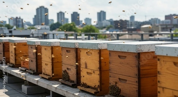 Fototapeta A bunch of bees showing photograph of urban beekeeping hives on city rooftop with bees flying