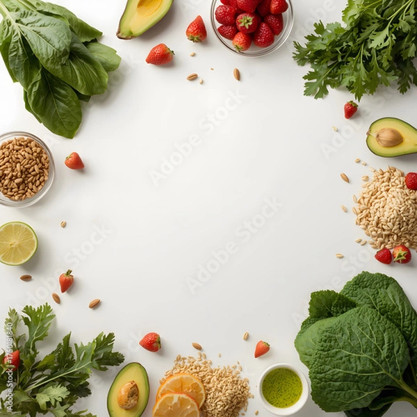 Fototapeta Fresh Start: A vibrant composition of fresh ingredients, including luscious strawberries, ripe avocado, and leafy greens, artfully arranged in a circle on a table.