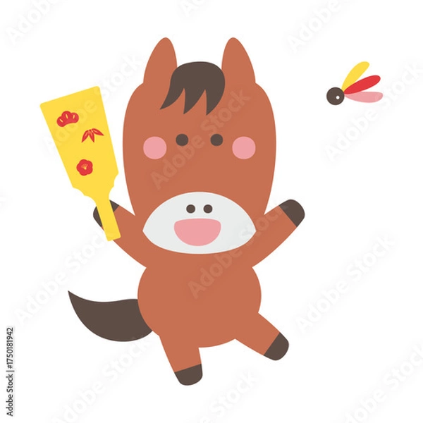 Obraz 羽つきをするかわいい馬のキャラクターイラスト素材