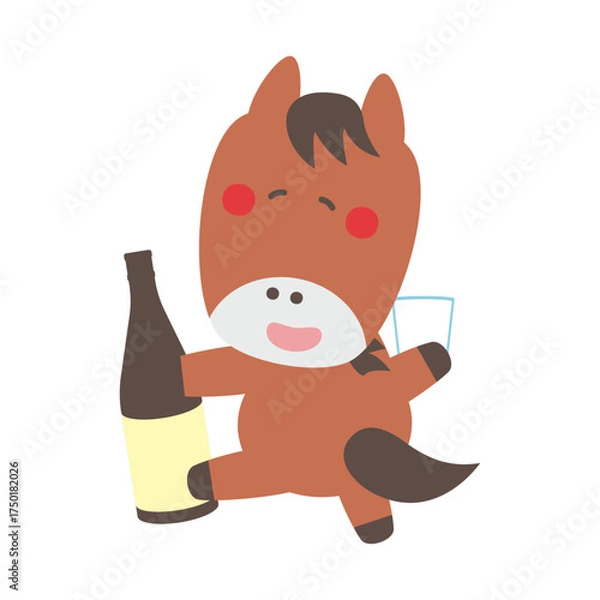 Obraz 一升瓶とコップを持って歩くかわいい馬のキャラクターイラスト素材