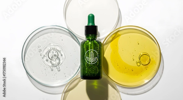Fototapeta Serum Essence: A laboratory setup featuring a small green glass dropper bottle of serum, positioned amidst four petri dishes with varying clear and gold liquids.