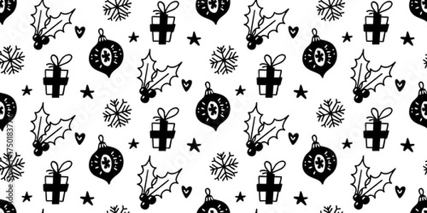 Fototapeta Seamless pattern with gifts, holly leaves and ornaments. Festive print. Hand drawn doodle outline vector background. 