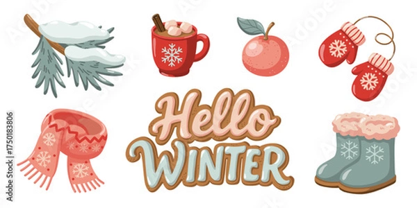 Fototapeta Hand drawn w inter set with cocoa, mittens, boots, scarf and pine branch. Cartoon vector illustration on white background