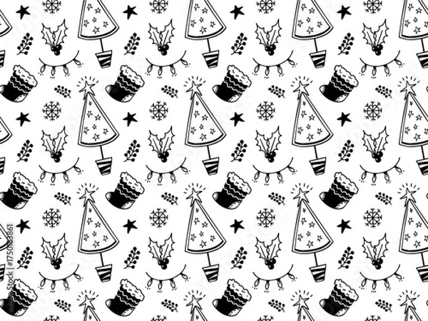 Fototapeta Seamless hand drawn winter pattern with Christmas trees and holly. Outline doodle background. 