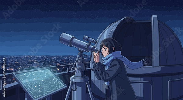 Fototapeta Anime observatory scene depicting celestial exploration and discovery with a telescope