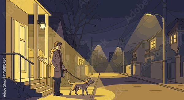 Fototapeta Evening stroll with canine companion on quiet illuminated neighborhood streets