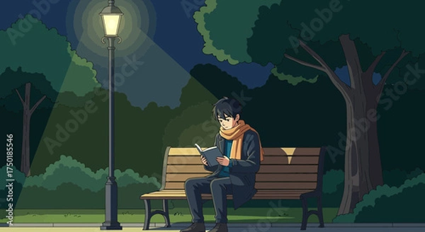 Fototapeta Illustrated serene night scene featuring a reader on a park bench beneath a streetlight