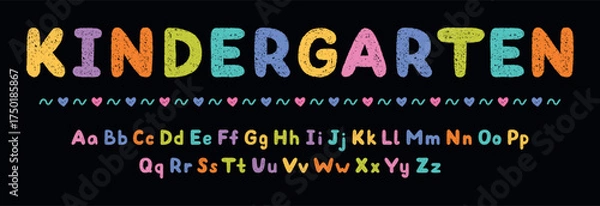 Obraz Crayon alphabet doodle set. Chalk pencil font, school wax kid letters in sketch style. Hand drawn vector illustration isolated on black background.