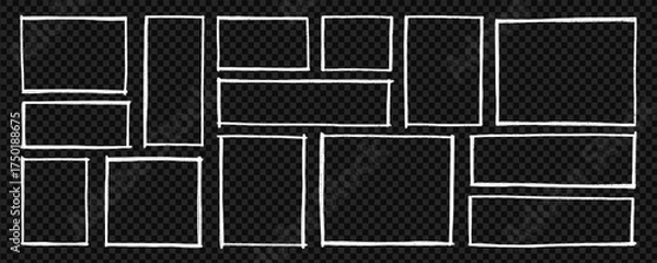 Obraz Crayon text boxes and frames doodle set. Rectangle and square shapes, grunge chalk borders in sketch style. Hand drawn vector illustration isolated on black background