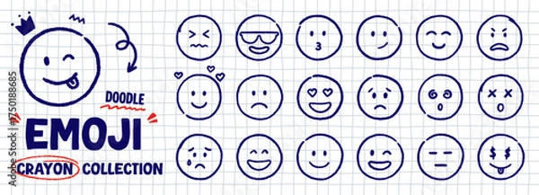 Obraz Crayon emoji face doodle set. Chalk blue pen icons with emotions, hand drawn kids smile in sketch style. Vector illustration on white checkered notebook paper background