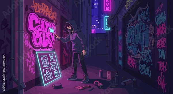 Fototapeta Cyberpunk graffiti artist creating luminous art in a neon-lit urban alleyway