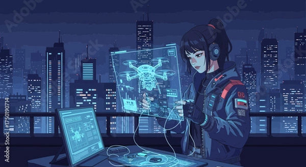 Fototapeta Futuristic drone engineer managing system operation in a digital urban environment