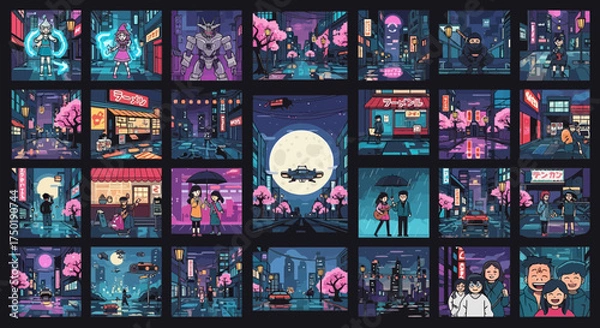 Fototapeta Cyberpunk Tokyo Pixel Art: A Glimpse into a Vibrant Animated Metropolis at Twilight