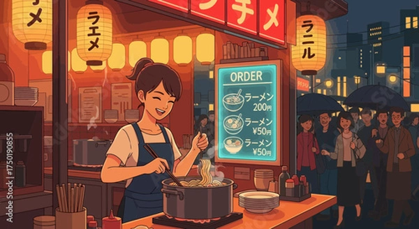 Fototapeta Vibrant ramen stand at night serving customers in a bustling city street scene