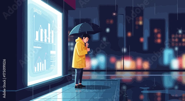 Fototapeta Contemplative analysis: Individual reflects on sales data during a rainy evening