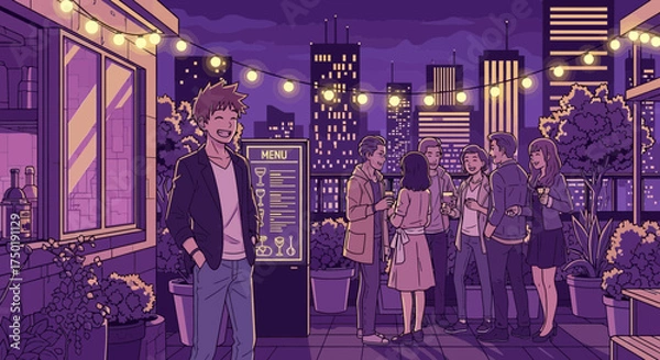 Fototapeta Rooftop cocktail party with city skyline backdrop and vibrant purple illustration style
