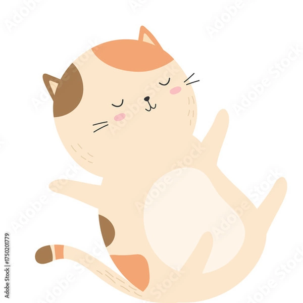 Obraz Cute cartoon cat with closed eyes and outstretched paws on a transparent background, soft pastel colors with brown and orange patches, peaceful and playful expression, simple graphic illustration