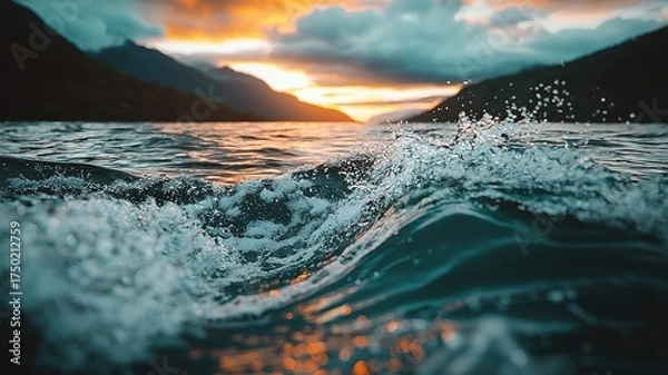 Obraz 3D hyper-realistic mountain close-up with sharp edges, dark blue sky and sunset on water
