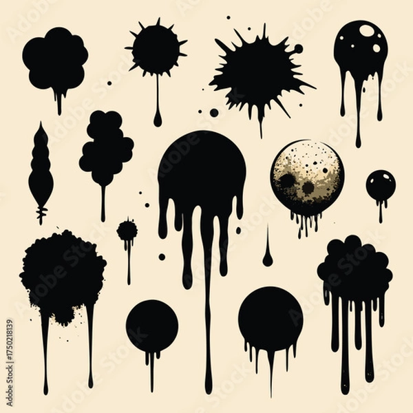 Fototapeta Black Ink Splatters and Drips Abstract Shapes blob