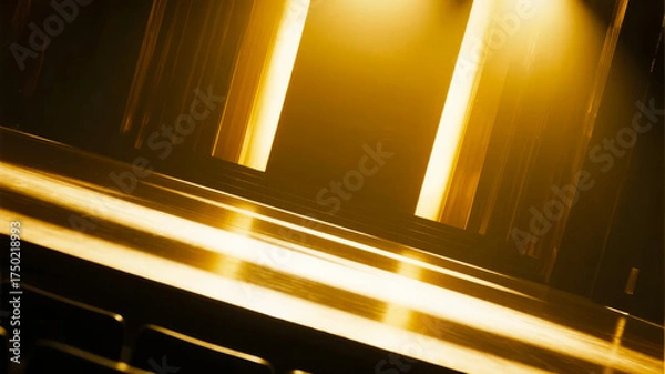 Fototapeta Golden metallic surface with glowing vertical light strips and reflective sheen