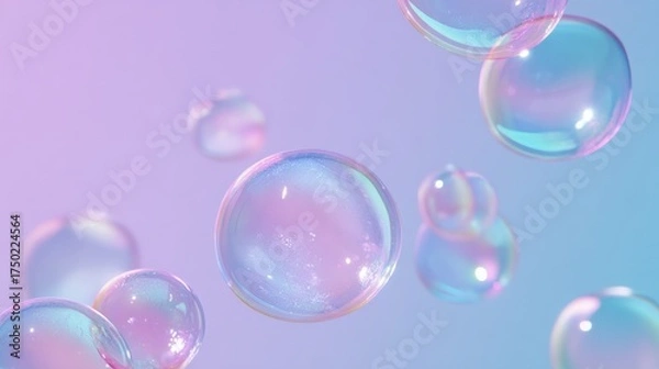 Fototapeta Floating iridescent soap bubbles, shimmering with pastel colors against a gradient background, conceptual and dreamy