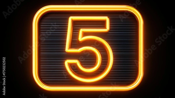 Fototapeta Vibrant neon light of number five glows in orange. This retro sign and symbol for countdown on black background creates futuristic and energetic feeling