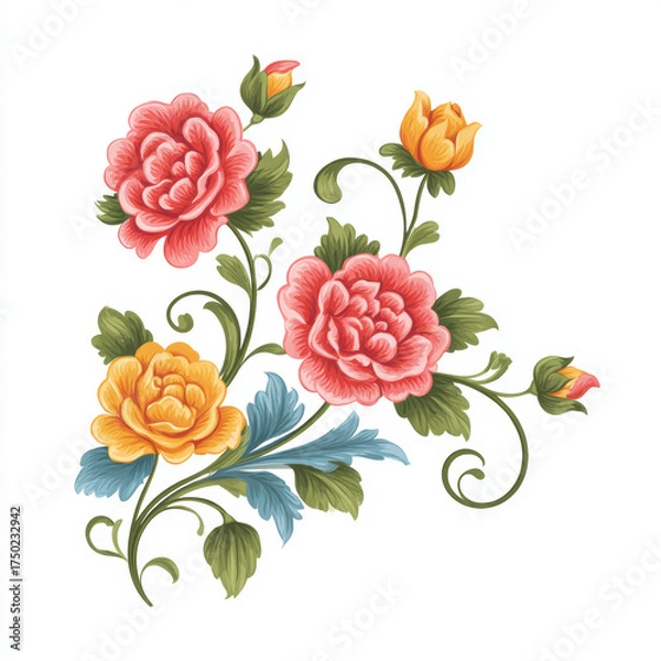 Fototapeta Beautiful vintage floral illustration of pink and yellow peony flower art. This decorative botanical design feels elegant and charming, with delicate leaf and vine on white background
