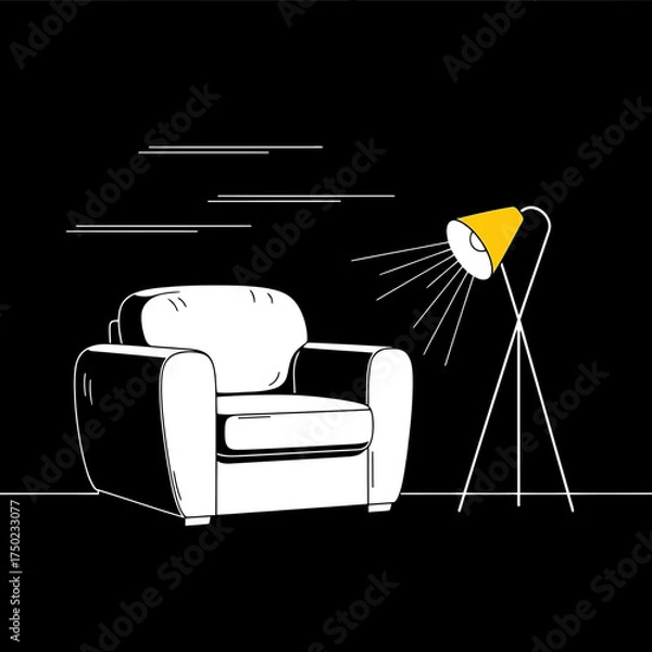 Fototapeta Minimalist illustration of a white armchair illuminated by a yellow floor lamp against a dark background, evoking a cozy ambiance