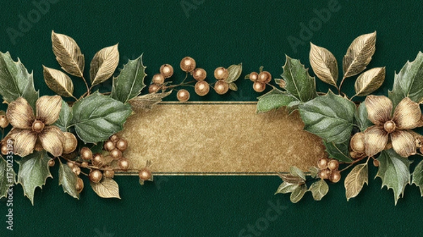 Fototapeta Elegant holiday floral banner with gold christmas border and green background. festive illustration with beautiful decoration, perfect for seasonal greetings and celebrations