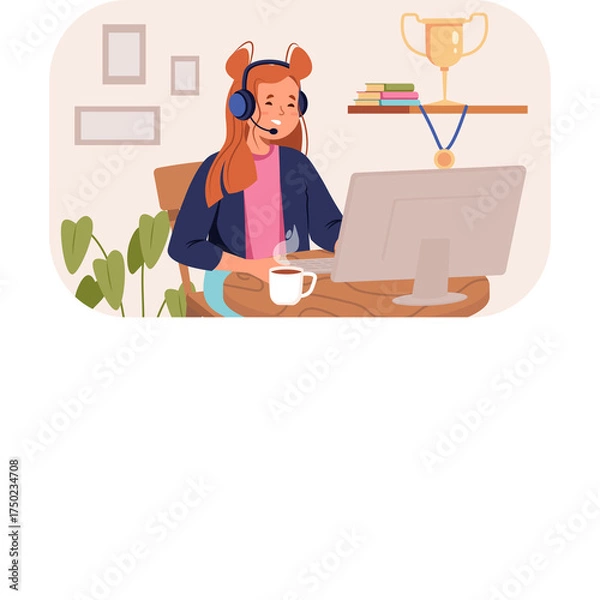 Fototapeta Creative Worker Wearing Headset Sitting at Desk Holding Coffee Cup Working on Computer with Trophy on Shelf Above