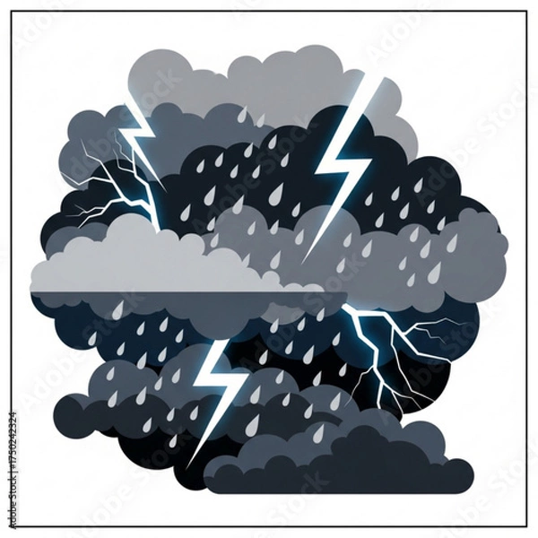 Fototapeta Dark Storm Clouds with Lightning and Heavy Rain Vector Illustration
