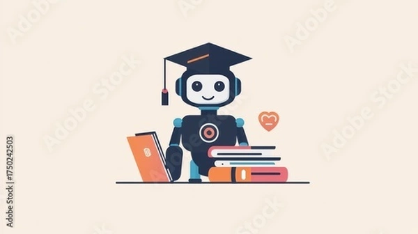 Fototapeta Robot student with books and laptop