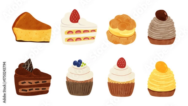 Fototapeta ケーキ8種　水彩風手描きイラスト