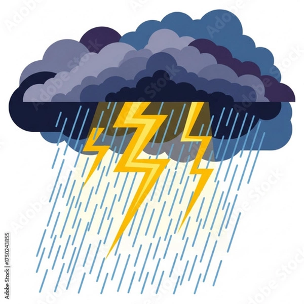 Fototapeta Vector Illustration of Thunderstorm with Rain and Lightning Cloud
