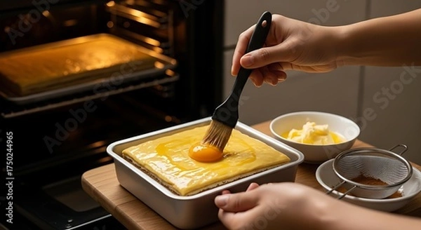 Obraz A hand is brushing an egg wash onto a dough square in a baking pan, preparing a sweet dessert. An oven is visible in the background.