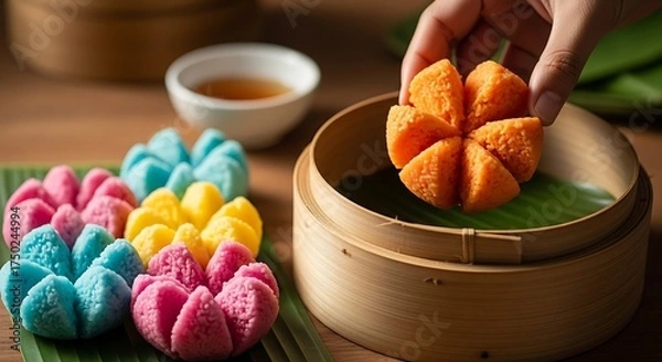 Obraz A hand is taking a colorful Kue Apem, a steamed cake shaped like a flower, from a bamboo steamer basket. Other colorful cakes are displayed.