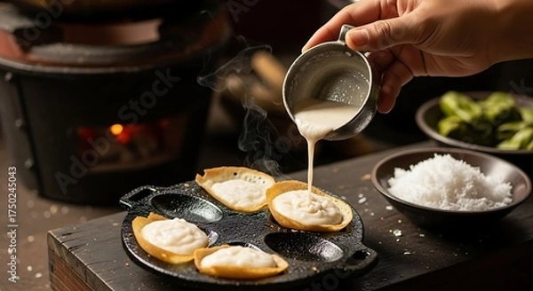 Obraz A hand is pouring liquid batter onto a hot pan to make serabi, a traditional Indonesian pancake.