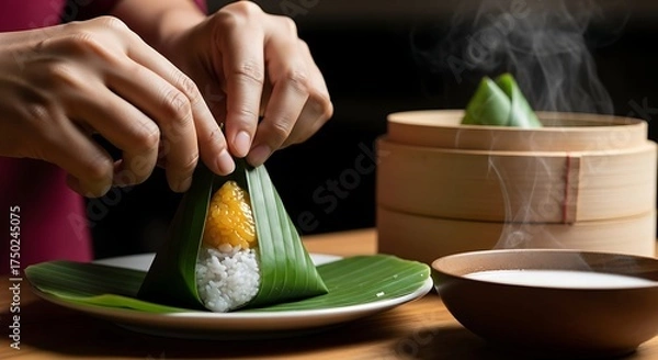 Obraz Hands are carefully folding a steamed rice cake filled with sweet and savory ingredients into a cone shape using a banana leaf.