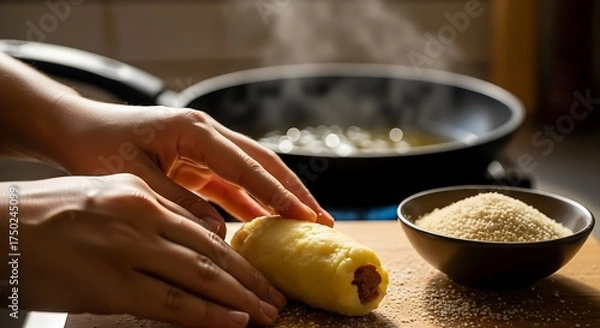 Obraz Hands are rolling a fried dough with a savory filling, preparing a traditional Indonesian snack. A bowl of breadcrumbs is ready for the coating.