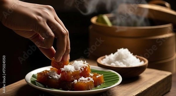 Obraz A hand is taking a piece of Kue Talam Gula Merah, a steamed cake with a brown sugar base, topped with grated coconut.